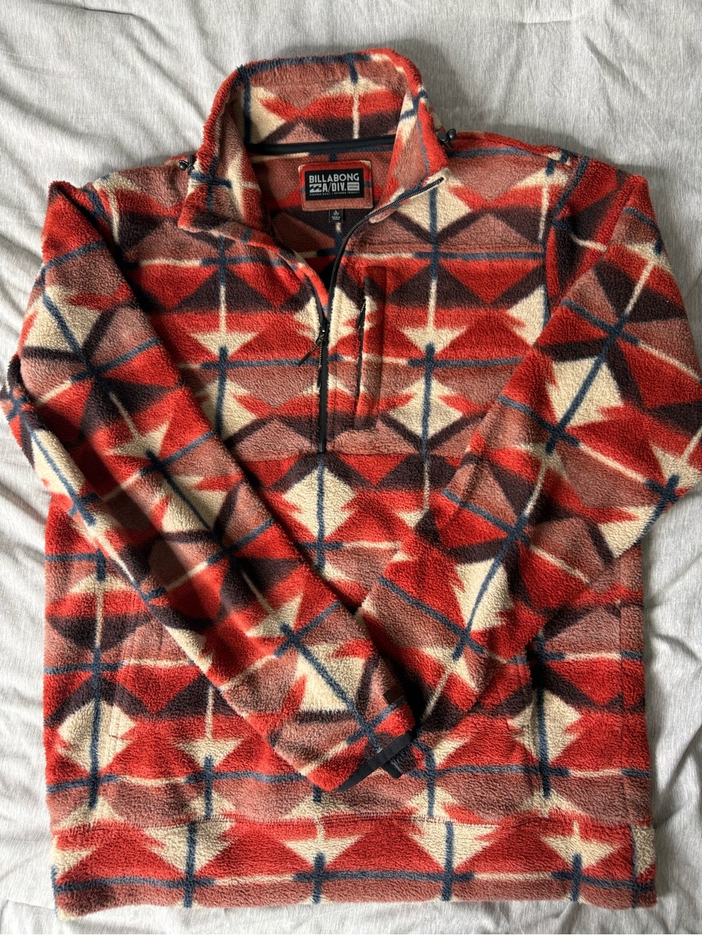 Billabong Red and Cream Geometric Zip-Up Fleece Pullover